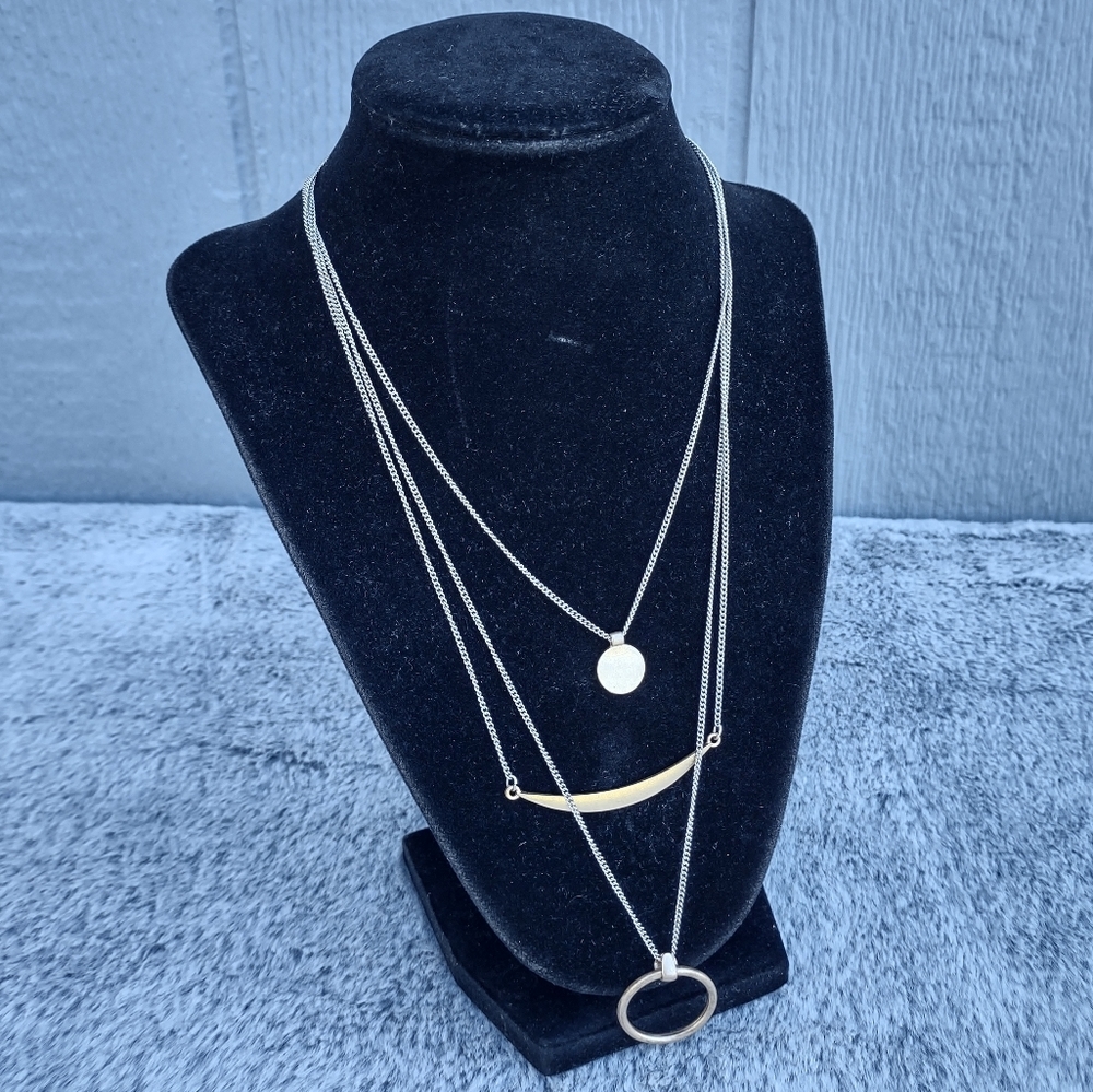 Geometric Triple Layered Necklace Matte Gold Tone